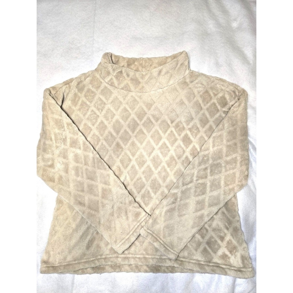 Fuzzy Fleece  XL Pullover Top Quilted Diamond Mock Neck Beige‎ Sweater Cozy